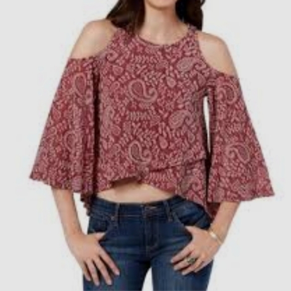LUCKY‎ BRAND Women's Deep Red High-Low Cold Shoulder Blouse - Size Large - Picture 16 of 16